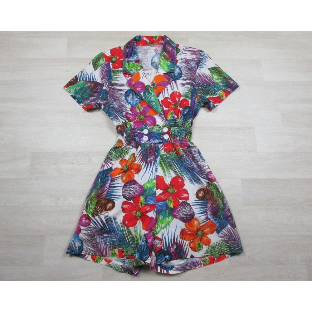 Vintage 80s Romper Women's (M) Cotton Cinched Waist Hawaiian Tropical Floral